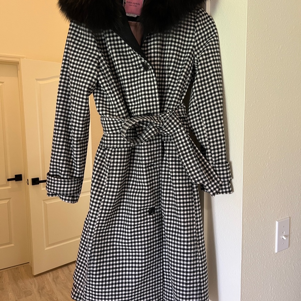 Kate Spade Black and White Houndstooth Coat with Fur Collar